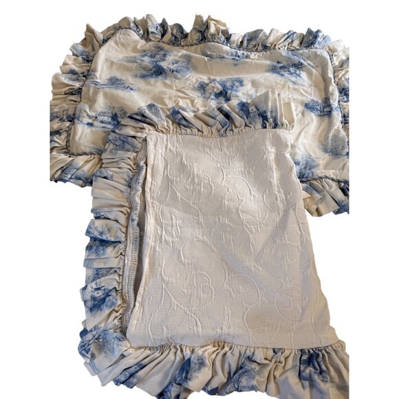 2 French Country Toile Blue Off White Custom made Ruffled Pillow Shams Standard - Picture 3 of 6